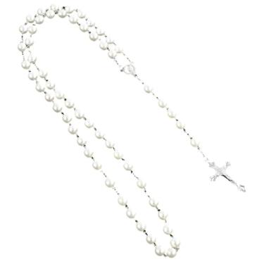 Imagem de Rosário de pérola falsa para mulheres católicas, colar de cruz longa com borla artesanal e corrente de metal, ótimo para oração e eventos religiosos, design unissex
