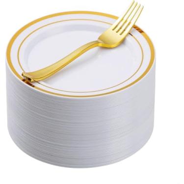 Imagem de Colher Descartavel, Kit 100 Peças, Descartáveis Pratos de Sobremesa de Ouro com Garfos de Plástico Set, Conjunto de Festas 50convidados
