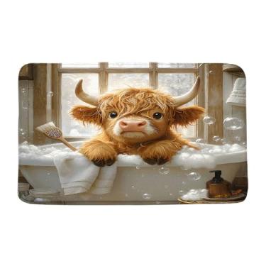 Imagem de Tapete de banho de vaca Highland engraçado rústico fofo bezerro na banheira bolhas casa de fazenda ocidental animal touro banheiro cozinha tapete absorvente tapete de área 17,8 x 29,5 polegadas