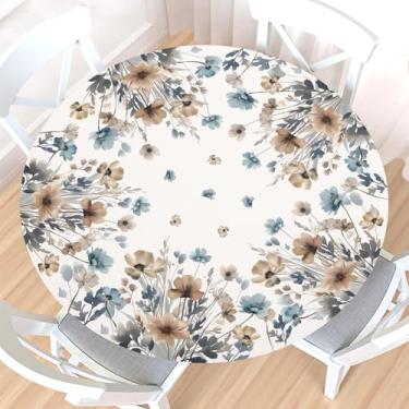 Imagem de Toalha de mesa floral redonda com borda elástica, resistente à água, limpável, vintage, aquarela, bege, azul, marrom, folhas silvestres, capa de mesa para mesa elástica de 101,6 a 112 cm para jantar