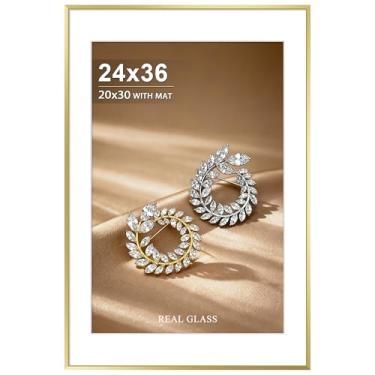 Imagem de Tinkeps Moldura de pôster dourada de 61 x 91 cm – molduras modernas de alumínio para pôster 61 x 91 cm com vidro verdadeiro, molduras grandes de metal para exibição de parede, vertical e horizontal