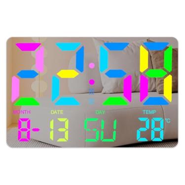 Imagem de Relógio de Alarme Digital com Luz Ajustável em 5 Níveis Modo Calendário Display LED Noite RGB Temperatura Função Fotosensível Automática Mesa Parede para Sala Estar Estante
