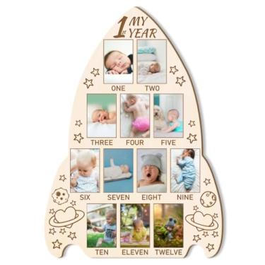 Imagem de ORIGACH Placa de exibição de fotos Rocket Shape My First Year Baby Growth, placa de lembrança de madeira para recém-nascidos de 12 meses para decoração de primeiro aniversário e berçário, padrão de