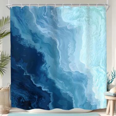 Imagem de KOMLLEX Cortina de chuveiro azul azul-petróleo ondas do oceano para decoração de banheiro 182 cm L L x 182 cm A praia náutica abstrata moderna litorânea minimalista Havaí natureza tecido impermeável
