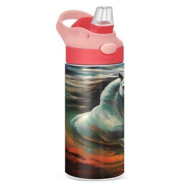 Imagem de Blueangle Garrafa de água isolada de aço inoxidável com pintura galopante de cavalo de 350 ml com tampa de canudo - Garrafa esportiva reutilizável e portátil à prova de vazamento para viagens, ao ar