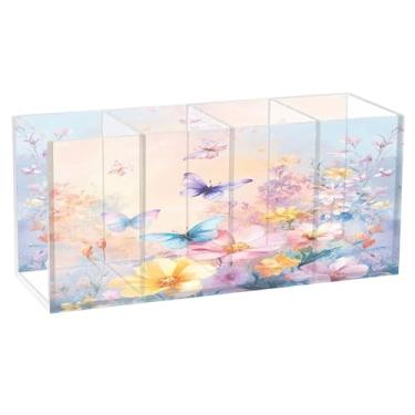 Imagem de SEHANY Porta-canetas de acrílico com flores de borboleta coloridas, 4 compartimentos, porta-lápis transparente, organizador de pincéis de maquiagem, organizador de papelaria para escritório, casa