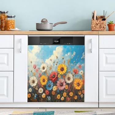 Imagem de ATTX Flores silvestres pintura a óleo capa ímã máquina de lavar louça, 58.4 cm C x 66.0 cm A decoração frontal da capa da máquina de lavar louça, decalques de armário doméstico eletrodomésticos