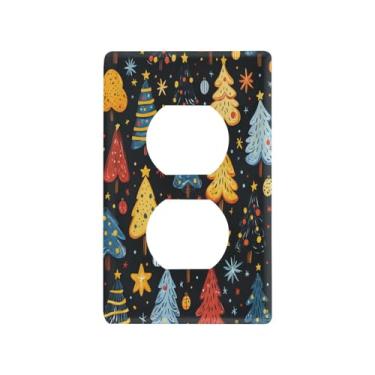 Imagem de Blueangle Placa de parede dupla com árvores de Natal de desenho animado, tamanho padrão, placas de cobertura de tomada elétrica de 1 gangue para decoração de quarto de escritório em casa, 4,53 x 2,76