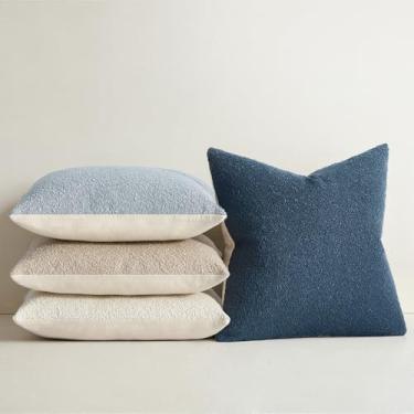 Imagem de Topfinel Conjunto de 4 capas de almofada decorativas de cor contrastante 45 x 45 cm com design de textura dupla azul neutro com forro de algodão macio para sala de estar e poltrona, sofá, decoração de