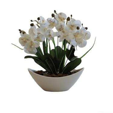 Imagem de Arranjo de Orquídea Artificial Phalaenopsis com Vaso Branco e Casca Polida - Planta Decorativa para Mesa, Escritório e Lavabo(Roxo1)