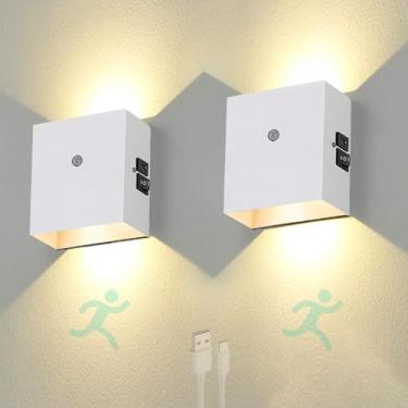 Imagem de Lâmpada de parede com bateria LED com detector de movimento Arandelas internas recarregáveis Iluminação de parede magnética moderna sem fio para escada Sala de estar Quarto mesa de cabeceira (Luz