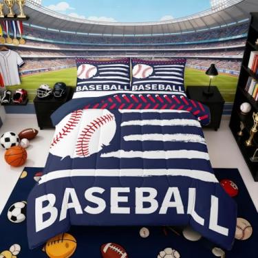Imagem de Erosebridal Conjunto de edredom de beisebol, solteiro, esportivo, softball, para meninos, crianças, adolescentes, adultos, jogos de bola, azul marinho, moderno, com listras geométricas