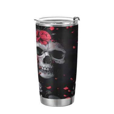 Imagem de Kigai Copo de aço inoxidável de caveira estilo horror, 590 ml, copo de café isolado com tampa e canudo, caneca de café de viagem de parede dupla para bebidas quentes e frias