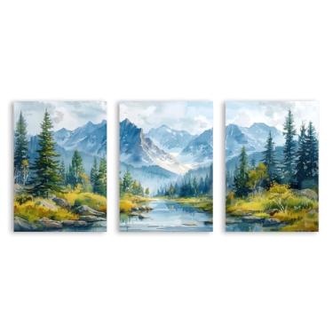 Imagem de Impressão em tela de montanha em aquarela com cenário do Colorado - pôster de floresta do lago arte de parede de paisagem moderna para sala de estar quarto decoração de escritório (SKU1-3 peças, 50,8