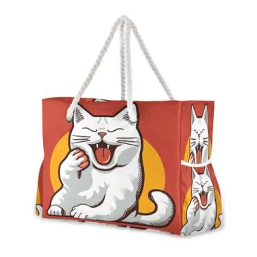 Imagem de Wassud Bolsa de praia grande para mulheres, um gato branco feliz, impermeável, à prova de areia, bolsa de viagem com zíper e bolso para piscina, academia, acampamento