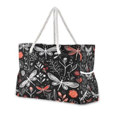 Imagem de Wassud Bolsa de praia preta libélula grande bolsa de praia para mulheres, impermeável, à prova de areia, bolsa de viagem com zíper e bolso para piscina, academia, acampamento