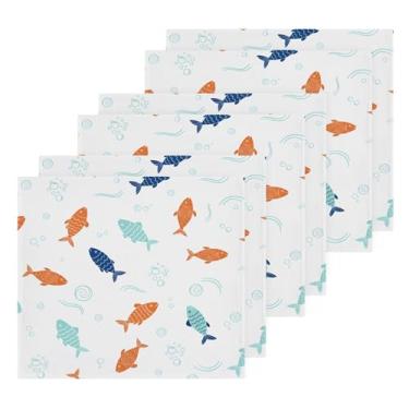 Imagem de Burbuja Pacote com 6 toalhas de algodão Fishes, toalhas de rosto altamente macias e absorventes para banheiro, mão, cozinha, academia, limpeza, 30 x 30 cm
