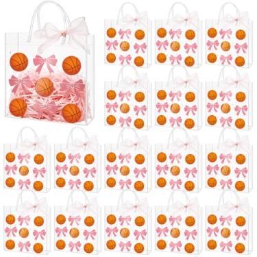 Imagem de Sweetude 24 peças de saco de presente de PVC transparente para festa a granel com alças coquete laço rosa sacola sacola 24 x 19 centímetros tema esportivo lembrancinhas suprimentos a granel para