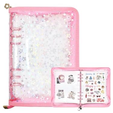 Imagem de Ruatu Pasta organizadora de adesivos A5 para colecionar adesivos, álbum reutilizável com zíper com capa de estrela a laser transparente e páginas de bolso (rosa)