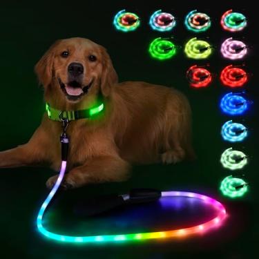 Imagem de YFbrite Coleira iluminada para cães de 1,8 m com 15 modos de piscar – Coleira LED super brilhante para cães pequenos, médios e grandes – Leashes leves para cães recarregáveis tipo C (multicor, 210 cm)