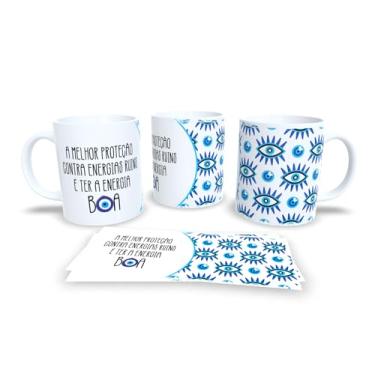 Imagem de Caneca Decorativa com Mensagem Pra Semana, Porcelana Branca, Design Olho Grego, Frase Motivacional em Português, Padrão Círculos Azuis (10565)