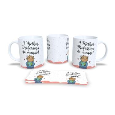 Imagem de Caneca de Cerâmica com Urso Professor, Frase Motivacional Educação, Design Aquarela Colorido Azul Verde Bege, 325ml, Resistente a Microondas (19)