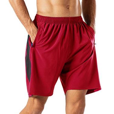 Imagem de HMIYA Short masculino casual esportivo de secagem rápida para treino de corrida ou academia com bolsos com zíper, Vermelho, 3G