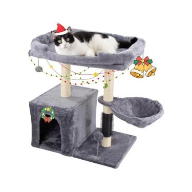 Imagem de Hapineko Torre de árvore pequena para gatos de 68 cm, poste para arranhar gatos em ambientes internos, com caverna para gatos e poleiro aconchegante, autotratador de gatos e bola suspensa interativa
