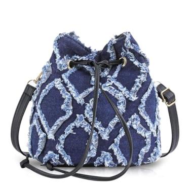 Imagem de QTKJ Bolsas transversais para mulheres, bolsa balde de tecido jeans, bolsa de ombro quadriculada com borlas, bolsa de ombro para viagens de férias, combinação diária (azul marinho), Azul, One Size