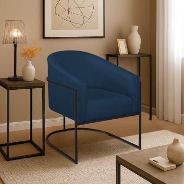 Imagem de Poltrona Decorativa Jade Moderno Escritório Confortável Luxo Base De Ferro Preto Suede Azul Marinho