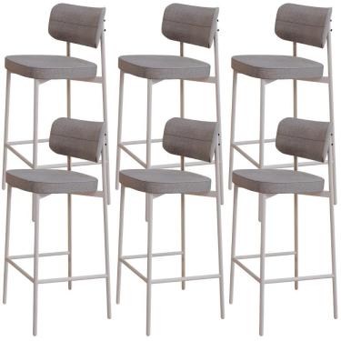 Imagem de Kit 06 Banquetas Alta Bar Cozinha Sala De Jantar Aço Branco Kaira C01 Linho Cinza - Lyam Decor