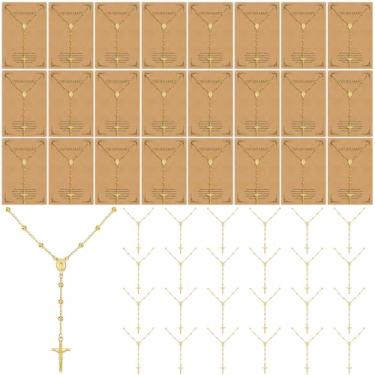 Imagem de Kenning 24 unidades de rosário de Virgem Maria, banhado a ouro, colar de rosário para mulheres, com 24 cartões inspiradores, pingente de cruz de batismo para batizado, casamentos, lembrancinhas de
