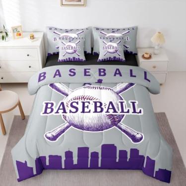 Imagem de Erosebridal Jogo de cama solteiro com edredom de beisebol e softball, 7 peças, beisebol, cidade, jogos esportivos, para decoração de quarto de crianças, meninos, (colorido), cinza e roxo