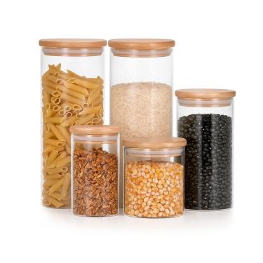 Imagem de Kit 5 potes de vidro herméticos com tampa de bambu - Tud