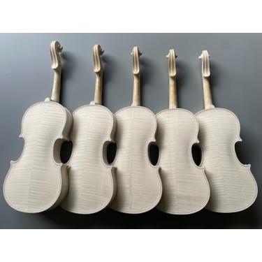 Imagem de WUQIMUSC Violino de madeira europeu feito à mão, tamanho 4/4 sem verniz - Parte traseira de bordo flamejado de duas peças e topo de abeto, madeira seca ao ar, feito por Master Luthier, violino branco