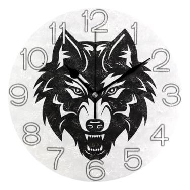 Imagem de GAIGEO Relógio de parede decorativo analógico escritório cozinha operado por bateria, sala de estar decoração de parede moderna animal lobo preto e branco, 25 cm, ponteiros dourados