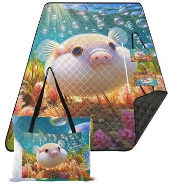 Imagem de TSENQUE Lindo Pufferfish Porco Oceano À Prova de Areia Cobertor de Praia Impermeável Bonito Tapete de Piquenique Dobrável Tapete de Brincar ao Ar Livre para Grama 203 cm x 152 cm