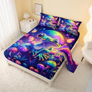 Imagem de AILONEN Jogo de lençol solteiro de 4 peças com desenho de sapo fofo - Cogumelo roxo / lençol de cima para crianças, meninos e meninas - Borboleta estrelada com 2 fronhas