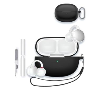 Imagem de Capa para EarFun FreeClip Earbuds 2025, capa protetora de silicone macio WUNIAK portátil resistente a arranhões com kit de limpeza, mosquetão e cordão para EarFun FreeClip, preta