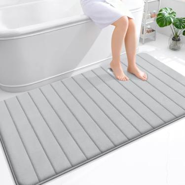 Imagem de OLANLY Tapete de banho listrado de espuma viscoelástica 139 x 99 cm, tapetes absorventes super macios, secagem rápida, tapetes de chuveiro laváveis na máquina, tapete de banho, acessórios de decoração
