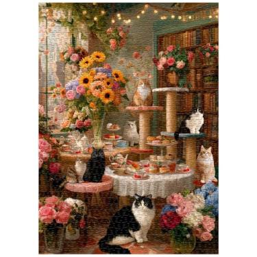 Imagem de Cat Puzzles for Adults 1000 Pieces, Kitty Coffee Cake Flower Puzzle, Floral Kitten Animal Jigsaw Puzzles, Cozy Coffee Shop Wall Decor
