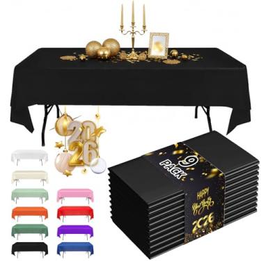 Imagem de Fixwal Pacote com 9 toalhas de mesa de plástico descartáveis, 137 x 272 cm, festa, piquenique, casamento, toalhas de mesa decorativas, retângulo, capa de plástico preta, à prova de vazamento e