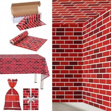 Imagem de Tiamon Rolo de toalha de mesa de tijolo vermelho de 30,5 m x 137 cm com caixa cortadora, pano de fundo de tijolos, capas de mesa de plástico descartáveis, cortinas de porta, suprimentos de fotografia