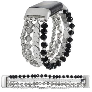 Imagem de WONMILLE Pulseira feminina de contas compatível com Fitbit Charge 6/Fitbit Charge 5, pulseira elástica de substituição para Charge 6/Charge 5 Fitness Tracker (preta/prata, G)