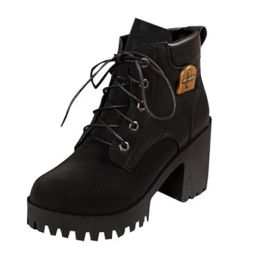 Imagem de Botas femininas com detalhe de metal, salto grosso, plataforma, cano baixo, para outono e inverno, calçados casuais de cano médio, Preto, 38