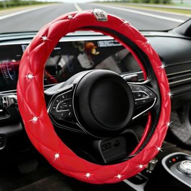 Imagem de Capa de volante feminina de strass brilhante com diamante de cristal universal 38 cm capa de volante de carro serve para SUVs, vans, sedans, carro (3-vermelho com coroa)