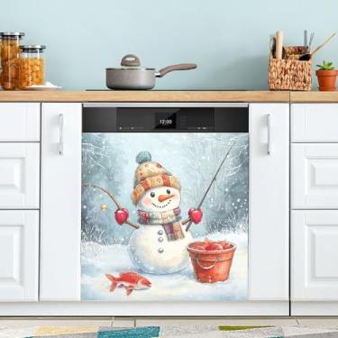 Imagem de xigua Linda capa magnética de boneco de neve de Natal, adesivos magnéticos decorativos antiarranhões para painel de geladeira e lava-louças, decoração personalizada de cozinha doméstica 58 x 66 cm