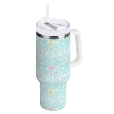 Imagem de SEHANY Lindo copo de laço azul de 1,134 g com alça, copo isolado de aço inoxidável a vácuo de parede dupla, à prova de vazamento, caneca de café isolada para viagem cabe no suporte de copo de carro