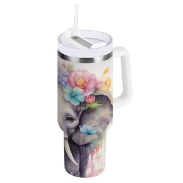 Imagem de SEHANY Copo de elefante fofo de 1,134 g com alça, copo isolado de aço inoxidável de parede dupla à prova de vazamento, caneca de café isolada para viagem cabe no suporte de copo de carro