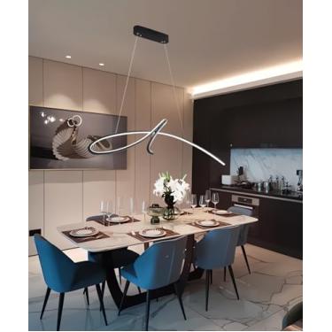 Imagem de Luminária pendente LED moderna e regulável para sala de jantar, com design criativo e curvo, ideal para mesa de jantar, na cor preta, com altura ajustável. Perfeita para iluminação de ilha d